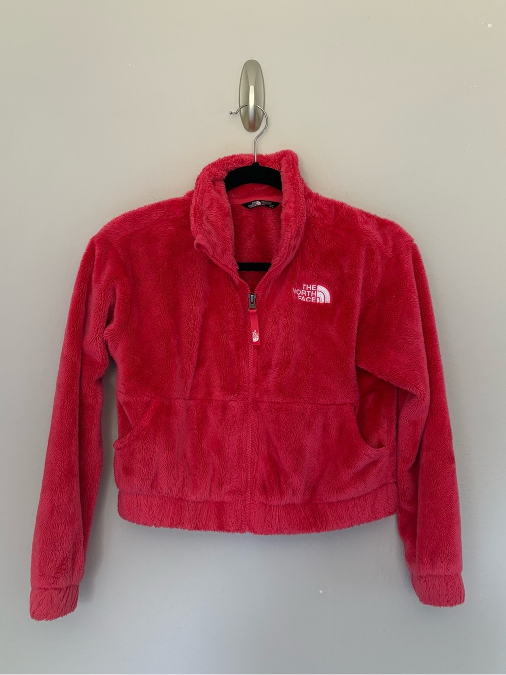 The North Face Osolita Cropped Fleece Fuzzy Jacket Coral Pink Red Girls M 10/12